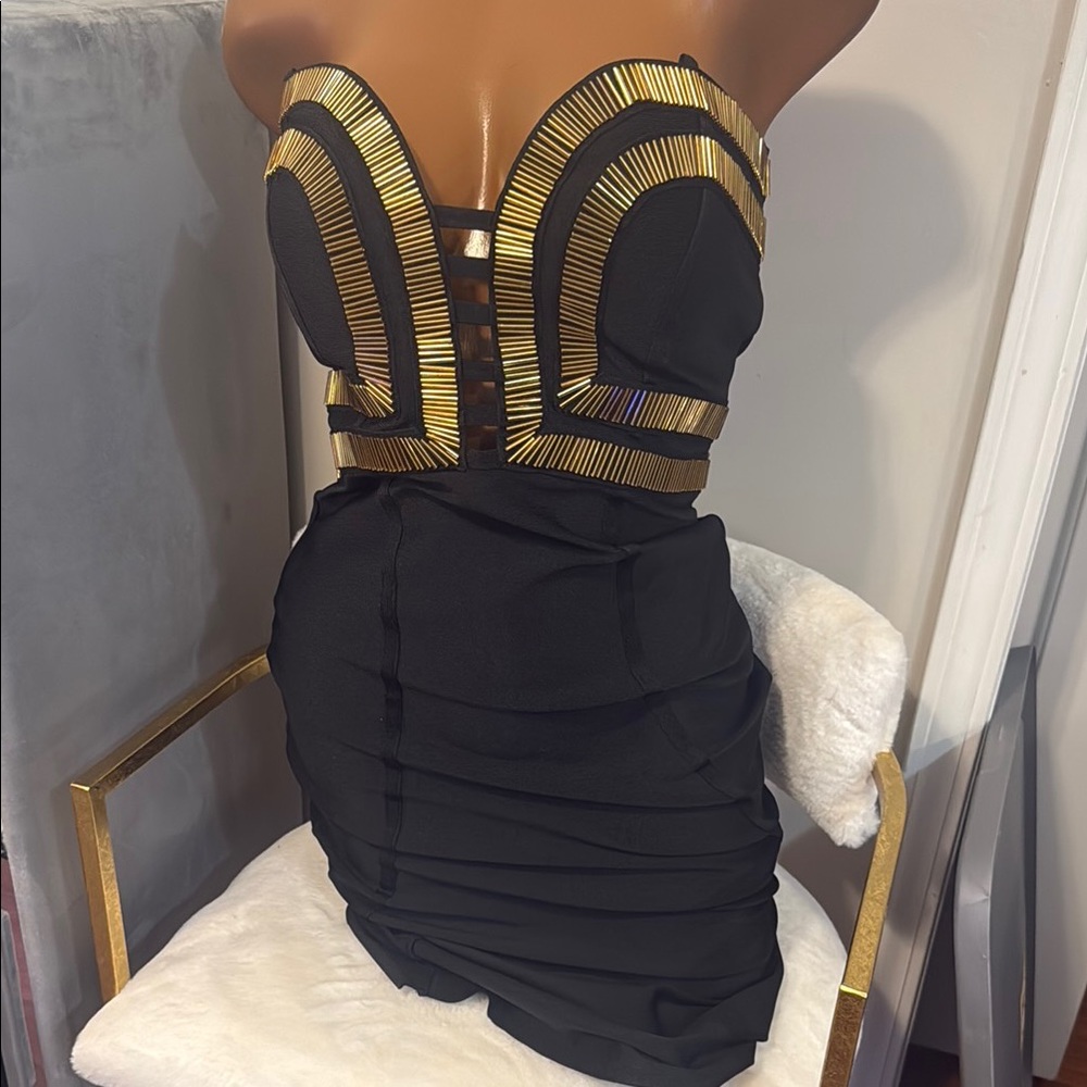 Fashion Nova black gold long tube dress